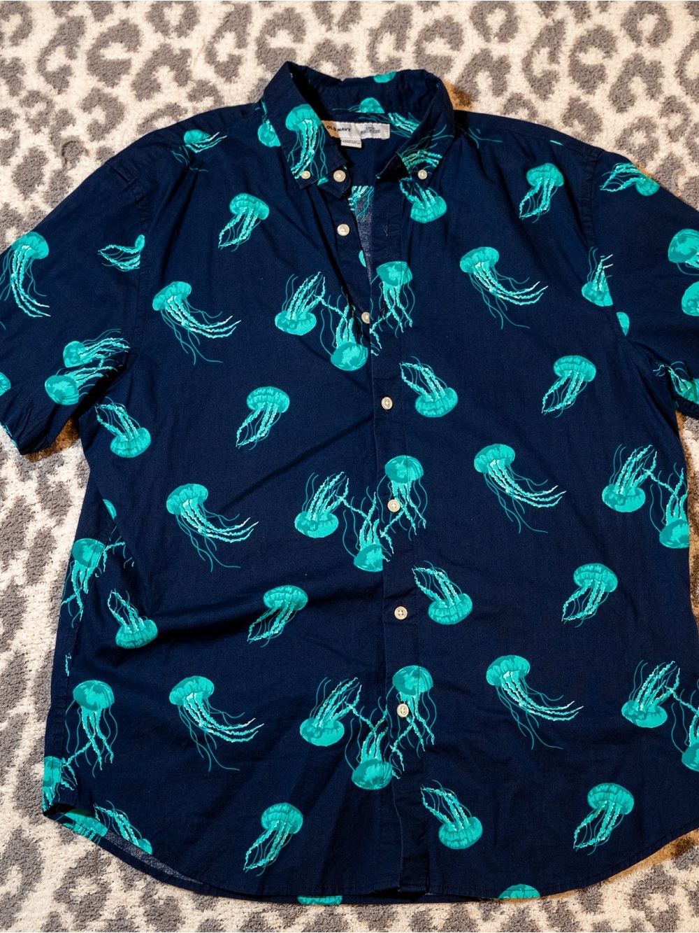 Old Navy Navy Button-Down Shirt with Teal Jellyfish Print